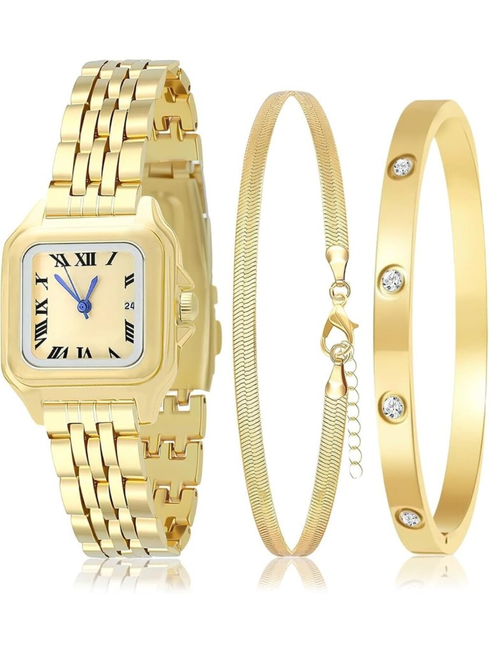 Women's Gold Stainless Steel Gold Plated Square Bangle Bracelet Set Watches